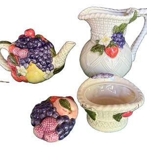 VTG 3 Goebel Basketweave Fruit Teapot Pitcher Sugar Bowl Set Majolica Style